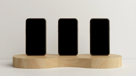 A stylish arrangement of three smartphones featured on a smooth wooden stand against a clean background, ideal for technology marketing and product showcasing.の素材