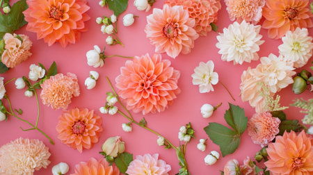 A stunning flat lay of various flowers on a pink background, perfect for showcasing beauty and nature. Ideal for design, invitations, or floral inspiration.の素材