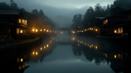 A serene early morning view of a picturesque Japanese village, featuring warm lights reflecting on a calm river, surrounded by lush green nature and soft fog.の素材