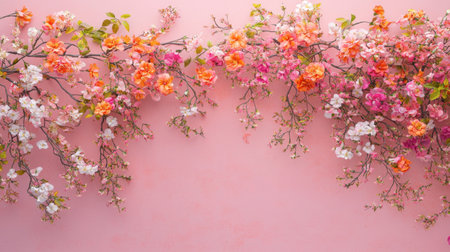 A stunning display of colorful flowers in shades of pink, orange, and white against a soft pink background, perfect for adding a fresh and vibrant touch to any creative project.の素材