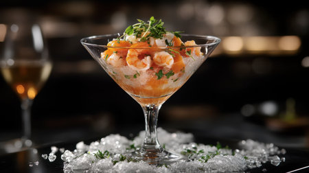 This stunning seafood cocktail features succulent shrimp and fresh herbs, elegantly presented in a glass on a bed of ice, ideal for upscale dining experiences.の素材