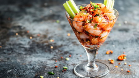 An exquisite shrimp cocktail presented in a stylish glass, garnished with celery and a hint of spice, perfect for gatherings or elegant dining experiences.の素材