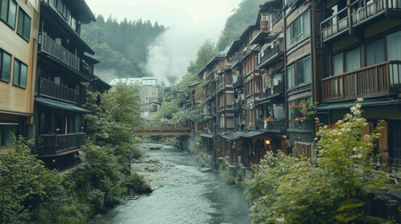 This captivating image showcases a tranquil Japanese village nestled by a misty river, featuring traditional wooden buildings, lush greenery, and majestic mountains in the background.の素材