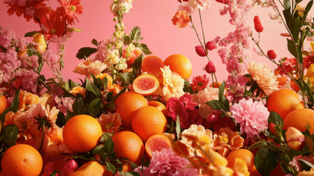 A stunning display featuring fresh oranges amidst a mix of vibrant flowers creates a radiant scene perfect for food, lifestyle, and beauty inspiration in visual projects.の素材