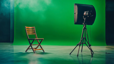 This image features a wooden chair positioned in front of a vibrant green screen, accompanied by a camera on a tripod, ideal for creative photography and film production setups.の素材