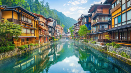 This captivating image captures a traditional Japanese town nestled beside a peaceful river, reflecting vibrant wooden houses and lush mountains under a bright sky.の素材