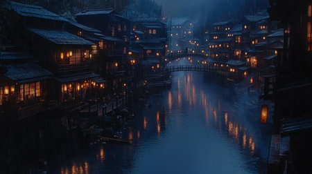 A captivating river town glows softly under the rain, featuring charming architecture and serene waters, creating a peaceful ambiance perfect for tranquil evenings.の素材