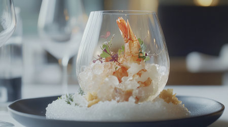 Indulge in a stunning serving of gourmet shrimp delicately presented in a glass, surrounded by ice and garnished with fresh herbs, perfect for upscale dining.の素材