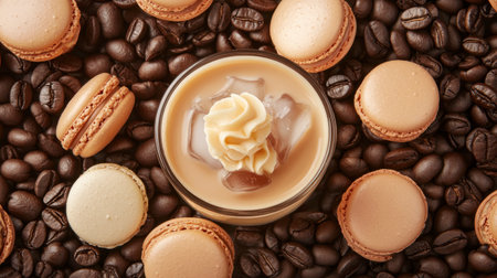 A visually appealing dessert scene showcases creamy coffee flavored pudding with whipped cream, elegantly surrounded by assorted macarons and fresh coffee beans.の素材