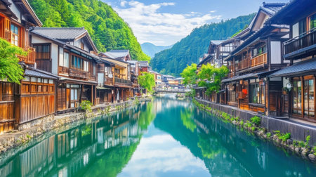 A serene scene of a traditional Japanese village featuring wooden houses by a calm river, surrounded by lush mountains and a bright blue sky, perfect for travel enthusiasts.の素材