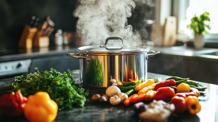 A vibrant assortment of fresh vegetables encircles a steaming pot on a kitchen countertop, showcasing the joy and creativity of cooking in a modern culinary environment.の素材