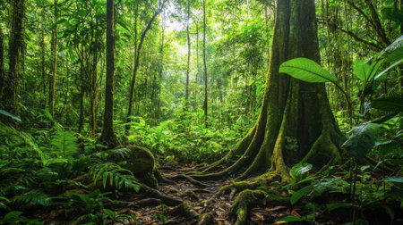 Immerse yourself in a vibrant jungle scene with tall trees and dense greenery, creating a peaceful atmosphere perfect for nature lovers and adventurers seeking exploration.の素材