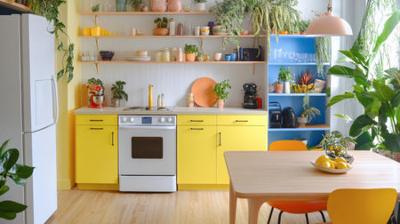 A vibrant kitchen featuring yellow cabinets and open shelving, adorned with plants and modern decor, creating an inviting and cheerful atmosphere for everyday cooking.の素材