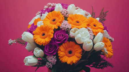 A stunning bouquet featuring gerbera daisies, tulips, and roses in vibrant colors. Perfect for celebrations or as a gift, set against a bright pink background.の素材