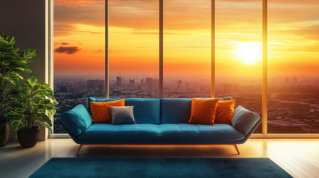 A modern living room featuring a striking blue sofa with vibrant cushions, large windows offering a stunning sunset view over the city skyline, creating an inviting atmosphere.の素材