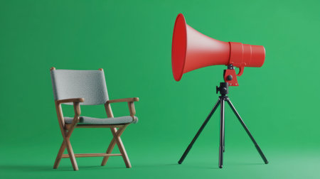 A striking composition of a red megaphone and a stylish chair set against a bright green background, ideal for creative projects and marketing campaigns needing visual impact.の素材