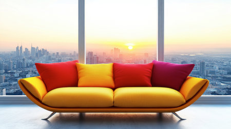 A modern sofa featuring colorful cushions creates a vibrant focal point in a stylish interior with a breathtaking city skyline view at sunset.の素材