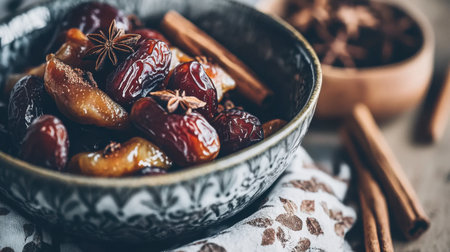 Discover the rich textures and vibrant colors of dried fruits beautifully arranged with aromatic spices in an elegant bowl, perfect for culinary inspiration and lifestyle settings.の素材