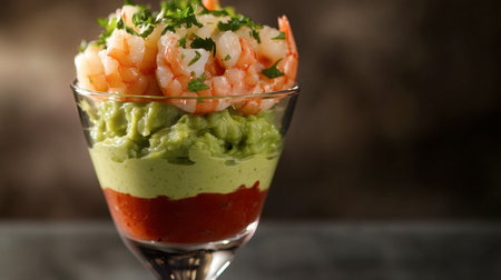 A delectable layered shrimp cocktail featuring fresh guacamole and vibrant salsa, elegantly served in a clear glass, perfect for any occasion or gathering.の素材