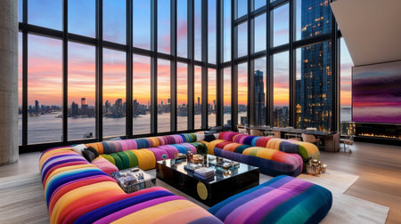 Experience the elegance of a vibrant living room featuring a colorful sofa and stunning sunset views through expansive windows, creating a perfect blend of comfort and luxury.の素材