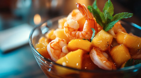 A refreshing shrimp and mango salad garnished with mint, perfect for summer gatherings. Bright colors and textures make this dish visually appealing and appetizing.の素材