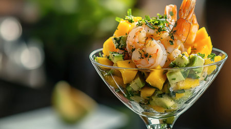 A vibrant shrimp and mango salad featuring fresh avocado and herbs, served in a clear glass bowl. Perfect for healthy meals or summer gatherings, this dish is colorful and refreshing.の素材