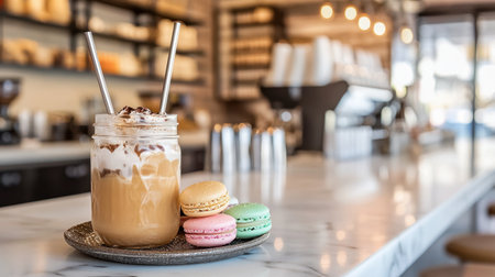 A delightful scene featuring iced coffee topped with whipped cream in a mason jar, accompanied by colorful macarons, set against a chic coffee shop background.の素材