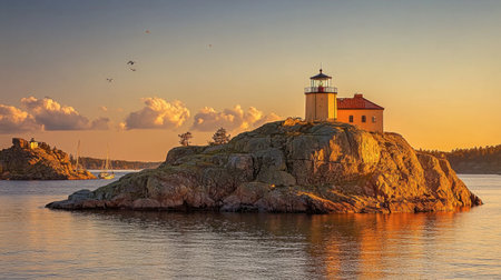 A captivating sunset view of a quaint lighthouse perched on a rocky island, surrounded by calm waters and silhouetted trees, perfect for maritime enthusiasts and nature lovers.の素材