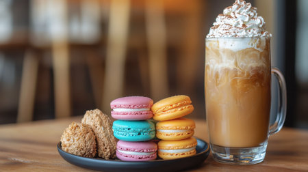 A stylish arrangement featuring rich coffee topped with whipped cream beside vibrant macarons, ideal for showcasing dessert culture or cafの素材