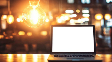 A serene workspace featuring a laptop with a blank screen under a warm glowing light bulb, perfect for inspiration, productivity, and creative endeavors in a modern setting.の素材
