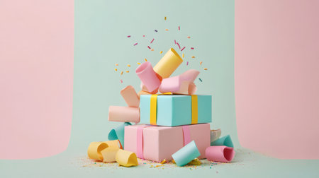 This vibrant image showcases stacked gift boxes in soft pastel colors, surrounded by colorful streamers and confetti, perfect for celebrating joyful moments and special occasions.の素材