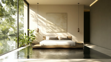 This modern bedroom features a serene design with a cozy bed, elegant decor, and stunning views of nature, creating a perfect retreat for relaxation and tranquility.の素材