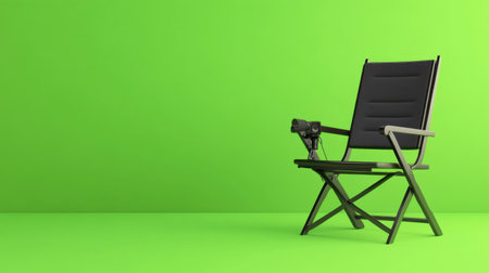 A sleek director chair positioned against a bold green backdrop, ideal for creative projects and photography. The minimalist design offers comfort and style in any space.の素材