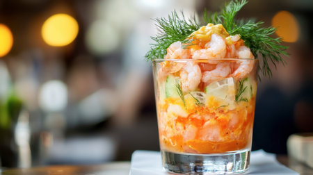 A vibrant shrimp cocktail served in a glass, elegantly garnished with fresh dill and colorful ingredients, perfect for a refreshing summer appetizer or festive event.の素材
