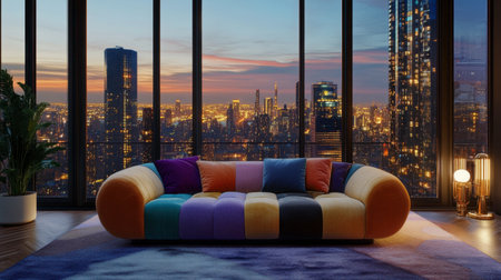 A vibrant living room scene featuring a colorful couch against a breathtaking city skyline at dusk, perfect for those seeking modern interior design inspiration and comfort.の素材