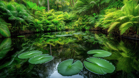 Immerse in the beauty of a tranquil jungle oasis featuring lush greenery and serene waters, showcasing large lily pads under soft dappled sunlight in a peaceful environment.の素材