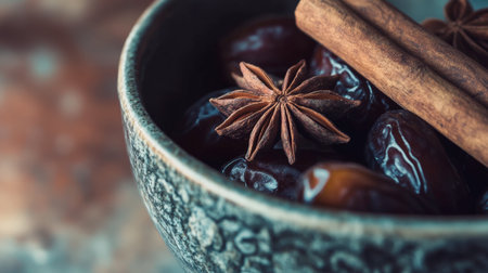 This image showcases a close-up view of fresh dates nestled in a rustic bowl, elegantly accented with cinnamon sticks and star anise, embodying warmth and flavor.の素材