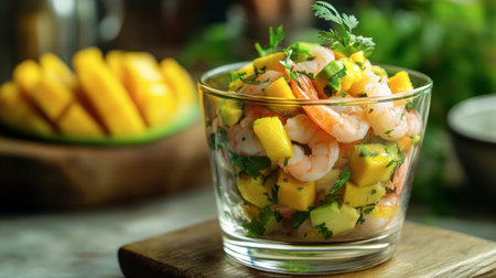 A refreshing shrimp salad combines juicy mango, zesty lime, and fragrant cilantro, displayed beautifully in a clear bowl, perfect for healthy meals or captivating events.の素材
