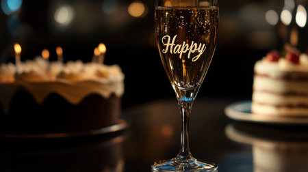 A beautiful glass of champagne with the word "Happy" surrounded by birthday cakes and glowing candles, perfect for celebrating joyful moments and creating lasting memories.の素材
