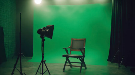 A photography studio featuring an empty director's chair, green screen backdrop, and professional lighting setup, ready for creative projects in film and media production.の素材