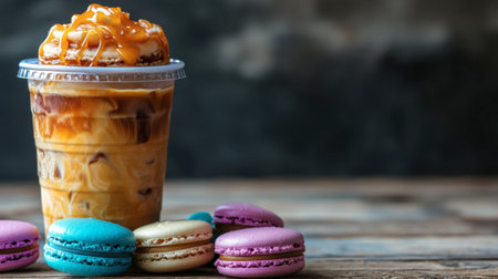 A tempting iced coffee topped with caramel drizzle sits next to vibrant macarons, showcasing a delightful fusion of flavors and textures on a rustic wooden background.の素材