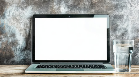 A clean and modern workspace featuring a laptop with a blank screen and a refreshing glass of water on a rustic wooden table, perfect for inspiring productivity and focus.の素材
