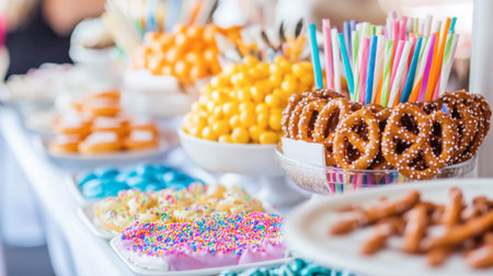 A beautifully arranged dessert table filled with colorful sweets, cookies, pretzels, and candies, perfect for parties and celebrations, inviting guests to indulge in delightful treats.の素材