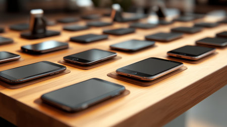 A visually striking arrangement of smartphones on a wooden table presents a modern retail space. This image highlights the sleek designs and innovative technology of contemporary mobile devices.の素材