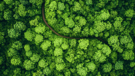 Discover an overhead view of a vibrant green forest featuring a winding path, showcasing nature's beauty and serenity in an untouched wilderness setting ideal for outdoor lovers.の素材