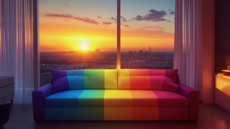 A vibrant rainbow sofa is showcased in a stylish high-rise apartment, offering a stunning sunset view of the urban skyline, creating a warm and inviting atmosphere.の素材