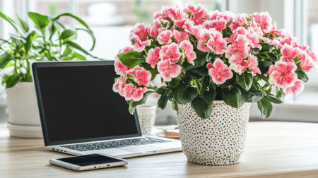 A vibrant flowering plant with pink blooms is placed on a wooden desk alongside a laptop and smartphone, enhancing the workspace's beauty and tranquility with natural decor.の素材