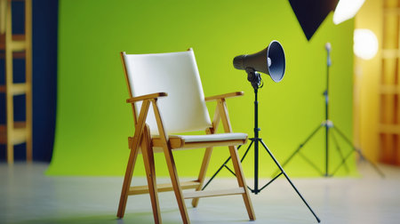 A bright studio setup featuring a white wooden chair and a megaphone on a stand, showcasing a vibrant green backdrop ideal for creative and artistic photography projects.の素材