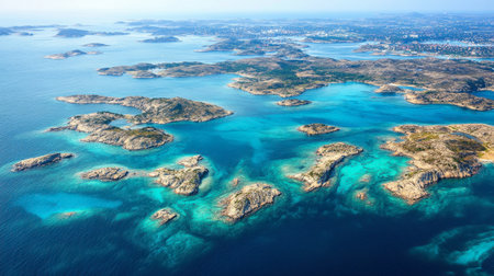 This breathtaking aerial view showcases a cluster of serene coastal islands surrounded by turquoise waters, highlighting the natural beauty and tranquility of the landscape.の素材
