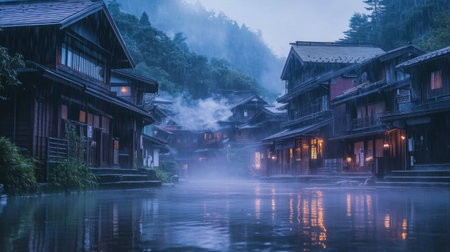 A tranquil Japanese village scene captured at dusk, featuring traditional wooden houses shrouded in mist and rain, creating a serene and mystical ambiance in nature.の素材